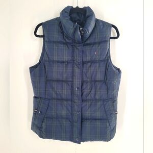 TOMMY HILFIGER womans puffer outdoor vest green navy plaid zip Size‎ M
